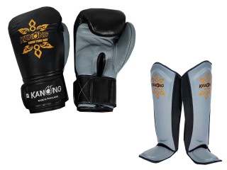 Kanong Gants Boxe + Protège-tibias Boxe Thaï cuir véritable : Noir/Gris